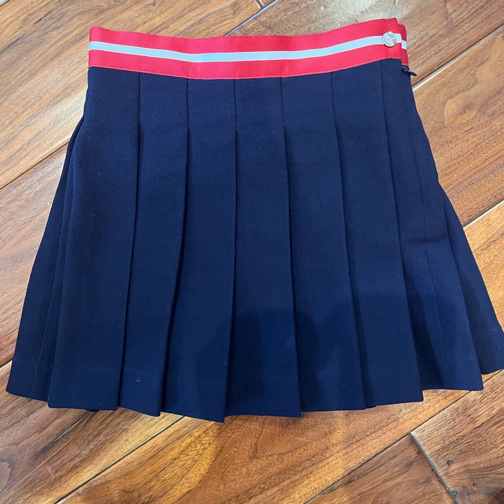 Jacadi Navy Pleated Mini Skirt with Red and White Waistband